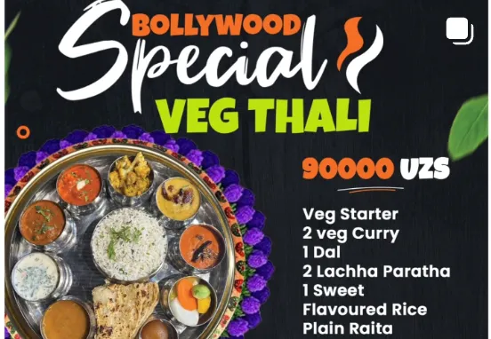 Bollywood Special Veg Thali — Bollywood Cafe'ning guruch laganda beriladi